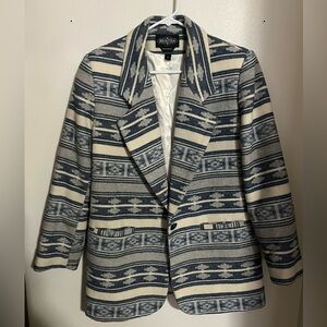 BRAETAN Vintage Western Print Blue and Cream Blazer Made in‎ Ukraine Wms Size M